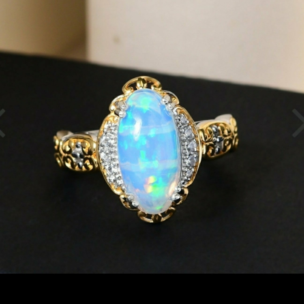 SOLDGorgeous Ethiopian Welo Opal and White Zircon Ring 2.15ctw Sterling Silver - Picture 5 of 14